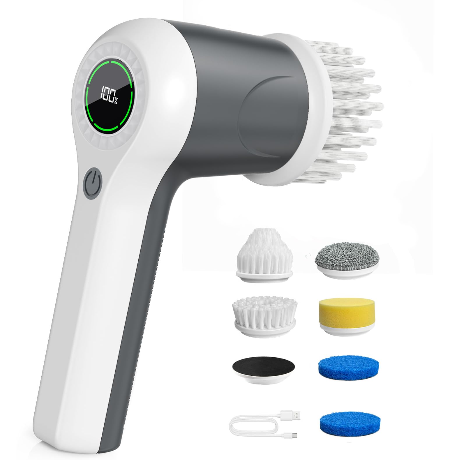 Electric Spin Scrubber, Cordless Shower Scrubber with Battery Level Display, 2 Speeds Electric Scrubber for Cleaning with 6 Replaceable Heads, Cleaning Brush for Bathroom/Sink/Window