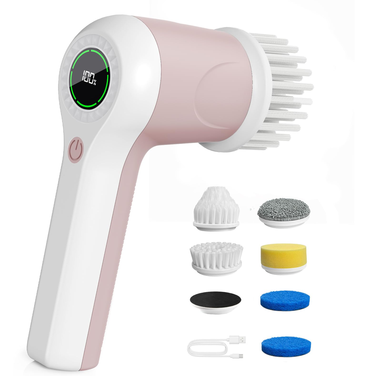 Electric Spin Scrubber, Cordless Shower Scrubber with Battery Level Display, 2 Speeds Electric Scrubber for Cleaning with 6 Replaceable Heads, Cleaning Brush for Bathroom/Sink/Window