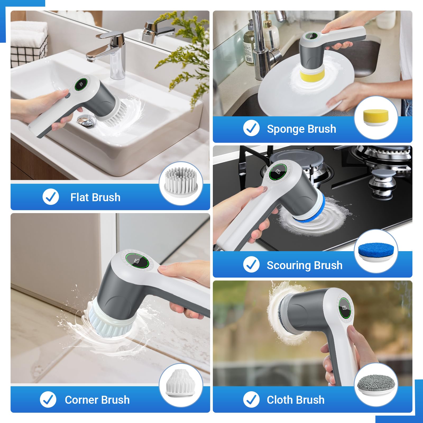 Electric Spin Scrubber, Cordless Shower Scrubber with Battery Level Display, 2 Speeds Electric Scrubber for Cleaning with 6 Replaceable Heads, Cleaning Brush for Bathroom/Sink/Window