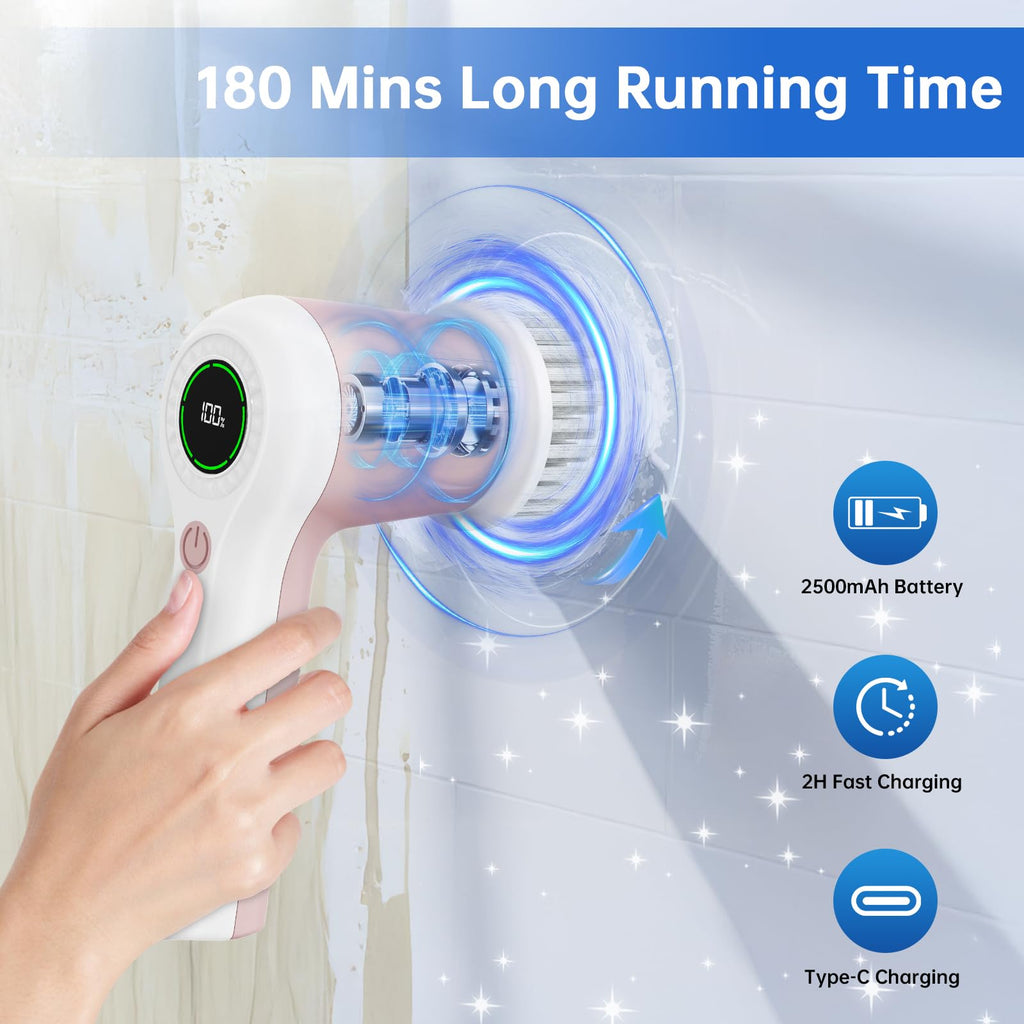 Electric Spin Scrubber, Cordless Shower Scrubber with Battery Level Display, 2 Speeds Electric Scrubber for Cleaning with 6 Replaceable Heads, Cleaning Brush for Bathroom/Sink/Window
