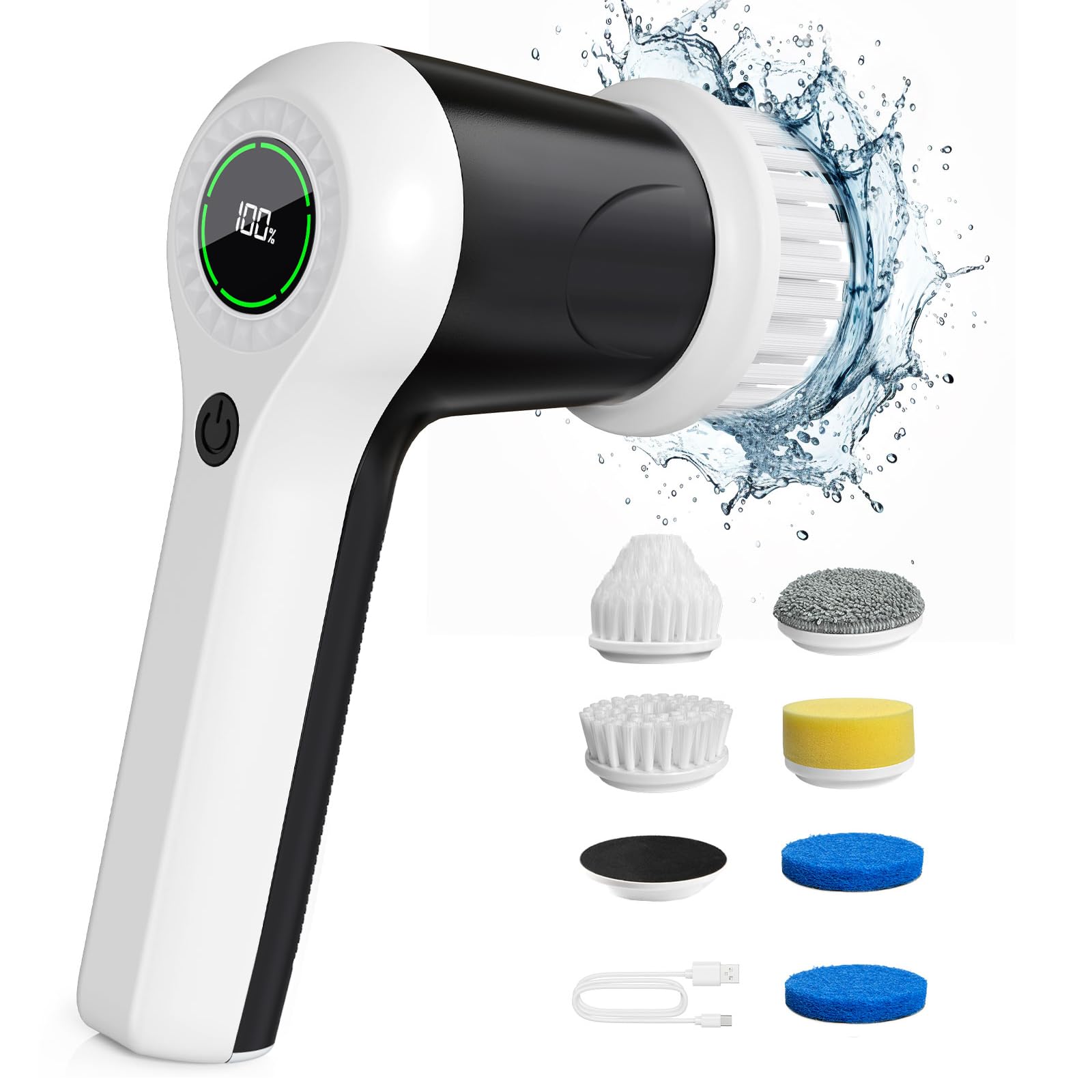 Electric Spin Scrubber, Cordless Shower Scrubber with Battery Level Display, 2 Speeds Electric Scrubber for Cleaning with 6 Replaceable Heads, Cleaning Brush for Bathroom/Sink/Window