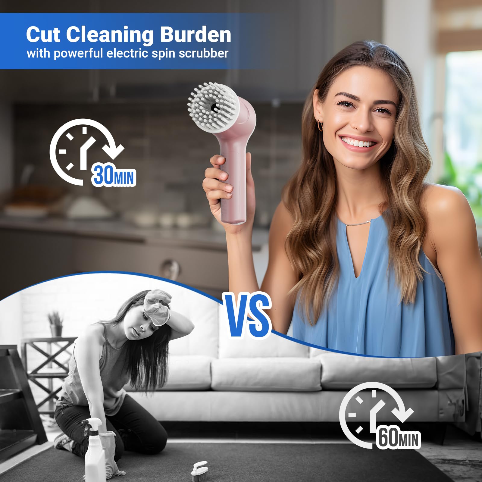 Electric Spin Scrubber, Cordless Shower Scrubber with Battery Level Display, 2 Speeds Electric Scrubber for Cleaning with 6 Replaceable Heads, Cleaning Brush for Bathroom/Sink/Window