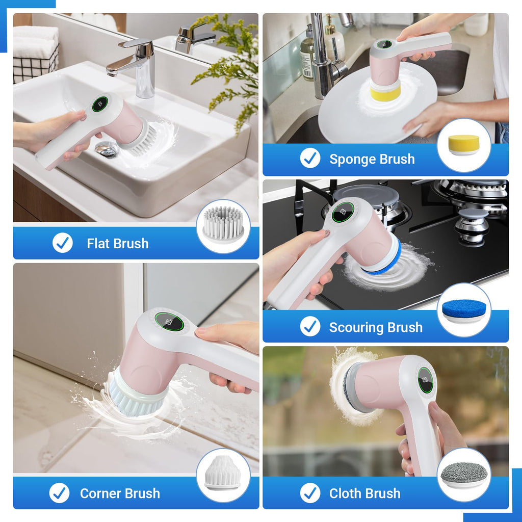 Electric Spin Scrubber, Cordless Shower Scrubber with Battery Level Display, 2 Speeds Electric Scrubber for Cleaning with 6 Replaceable Heads, Cleaning Brush for Bathroom/Sink/Window