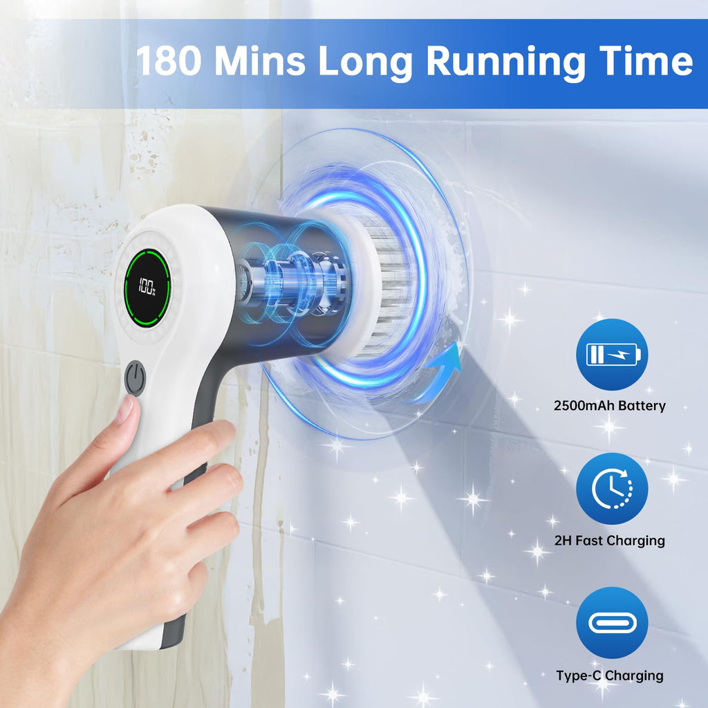 Electric Spin Scrubber, Cordless Shower Scrubber with Battery Level Display, 2 Speeds Electric Scrubber for Cleaning with 6 Replaceable Heads, Cleaning Brush for Bathroom/Sink/Window